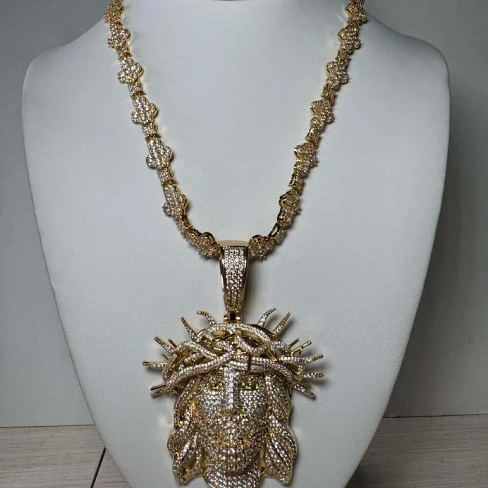 Gold Jesus Piece Pendant with cross tennis necklace 20inch